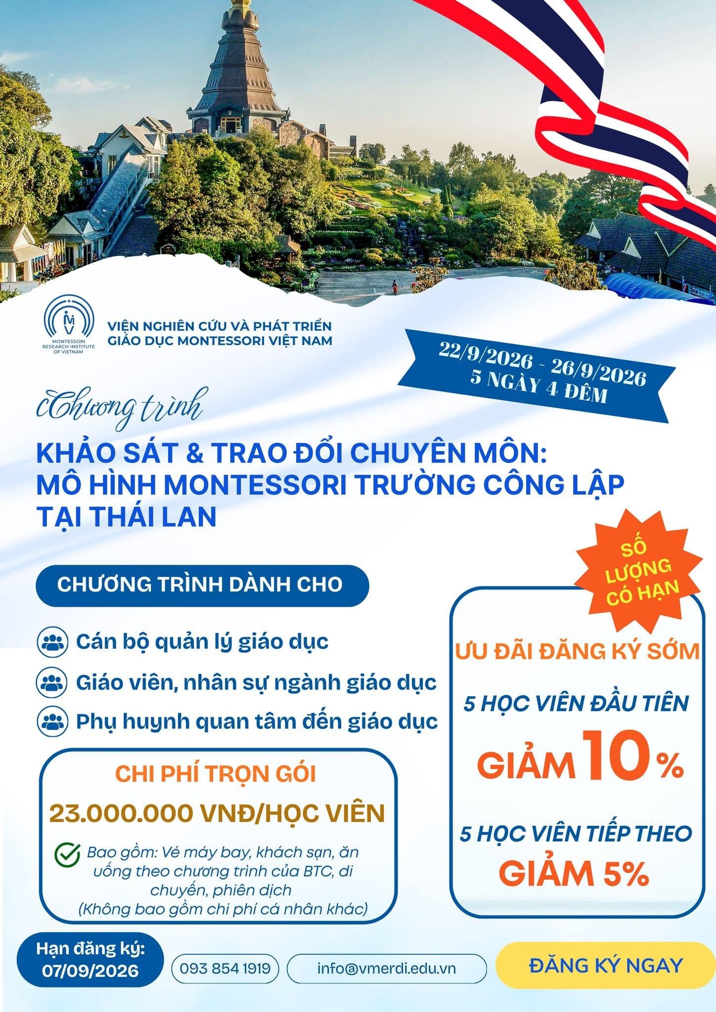 🌏CHƯƠNG TRÌNH KHẢO SÁT & TRAO ĐỔI CHUYÊN MÔN: MÔ HÌNH MONTESSORI TRƯỜNG CÔNG LẬP TẠI THÁI LAN (22/09 – 26/09/2026)
